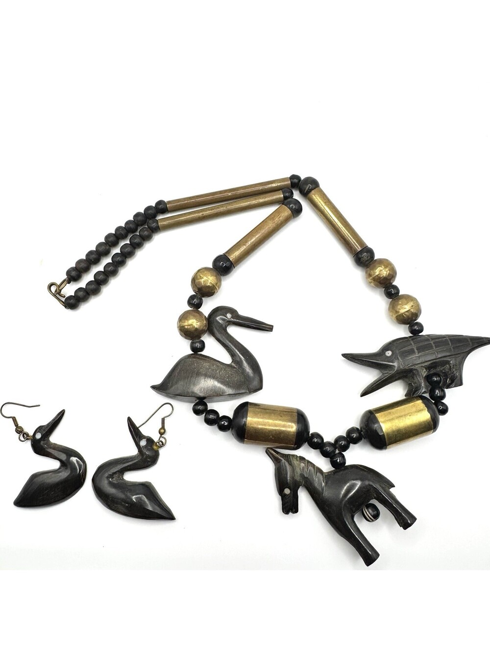 VTG Hand Carved Buffalo Horn Animal Necklace w/ Brass Accents & Earrings, SET